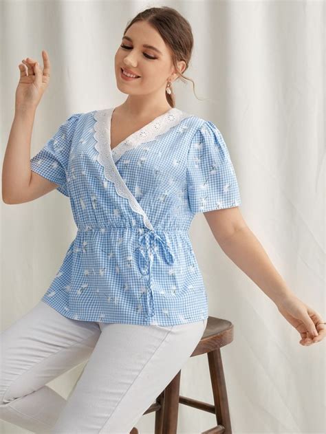 Plus Contrast Schiffy Trim Gingham Peplum Blouse Peplum Blouse Plus