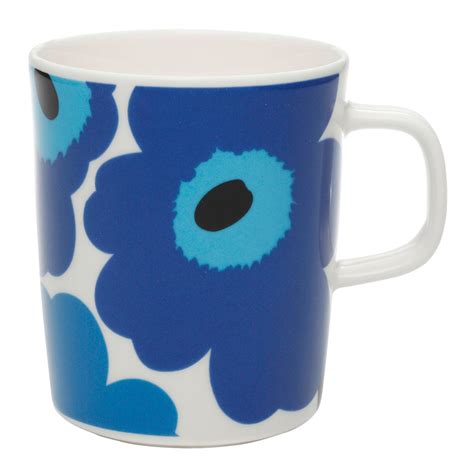 Marimekko Oiva Unikko Muki 25 Dl Valkoinen Sininen Käytetty