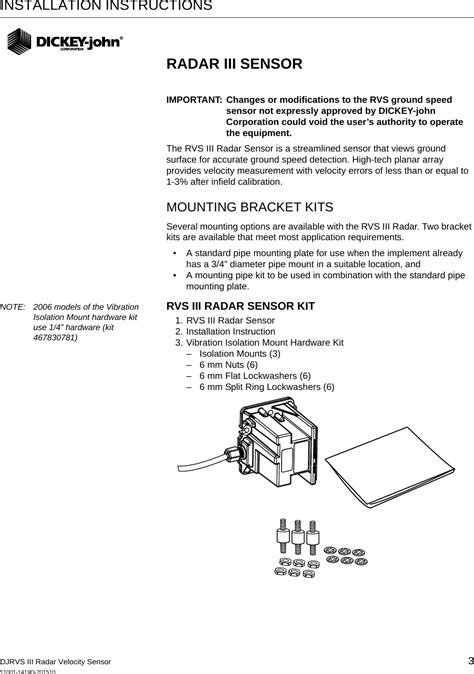 Dickey John Djcrvsiii Radar Velocity Sensor User Manual 1 1419d