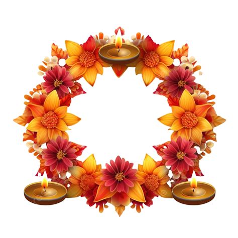 Frame Design With Diyas And Flowers For Hindu Festival Diwali Greeting