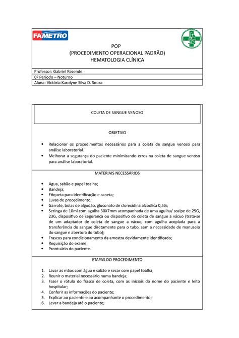 POP Hematologia Clínica Victoria Souza 1 POP PROCEDIMENTO