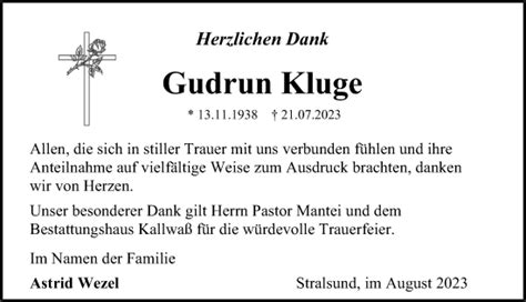 Traueranzeigen Von Gudrun Kluge Trauer Anzeigen De