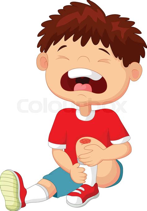 Cartoon Boy Crying With A Scratch On His Knee Stock Vector Colourbox