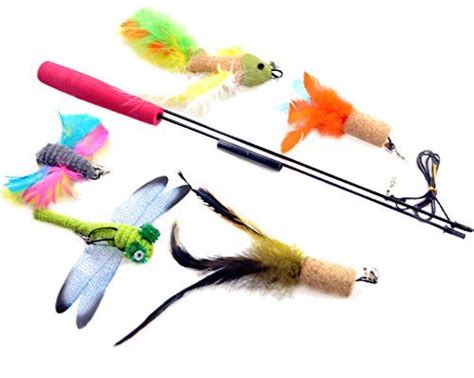 Cat Feather Toys 5 Pack with Bells and Long Wand