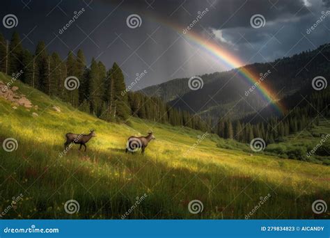 Breathtaking Mountain Meadow With Deer Grazing Under A Rainbow Stock