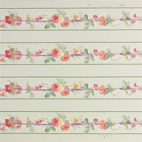 1940s Vintage Wallpaper Border Pink Roses Purple Ribbon on Green ...