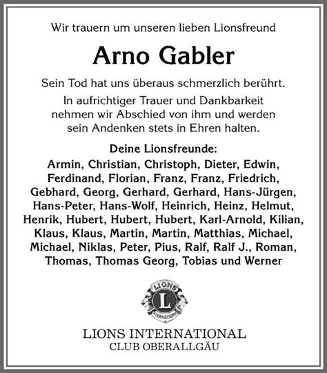 Traueranzeigen Von Arno Gabler Allg Uer Zeitung