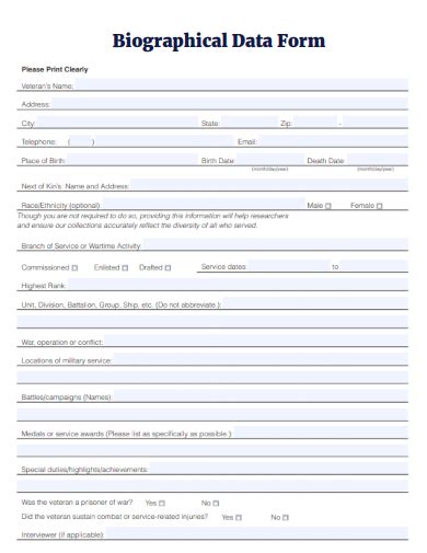 Free Biography Form Samples In Pdf