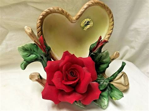 Vintage Capodimonte Italy Bisque Porcelain Red Rose Flower W Heart