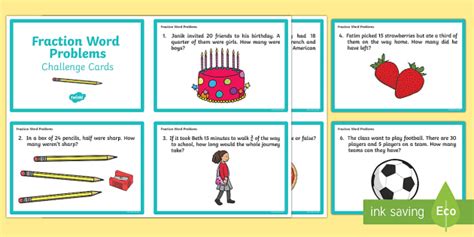 Year 2 Fractions Word Problems Challenge Cards