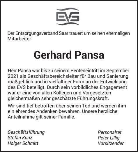 Traueranzeigen Von Gerhard Pansa Saarbruecker Zeitung Trauer De