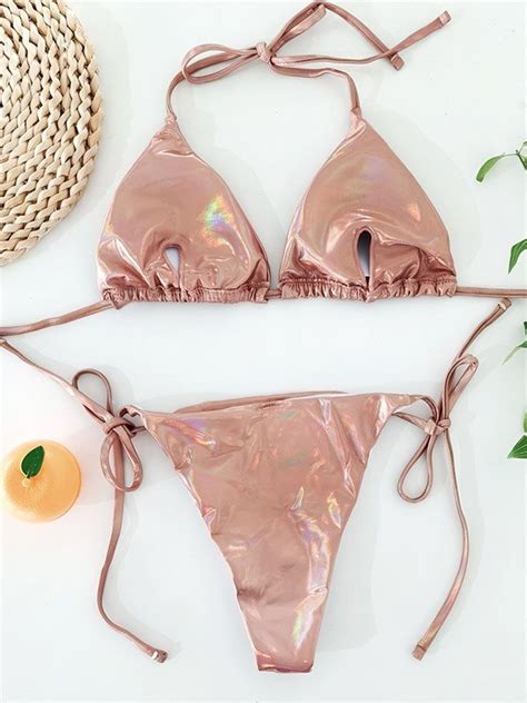 2022 Metallic Halter Triangle Bikini Set Rose Gold M In Bikini Sets