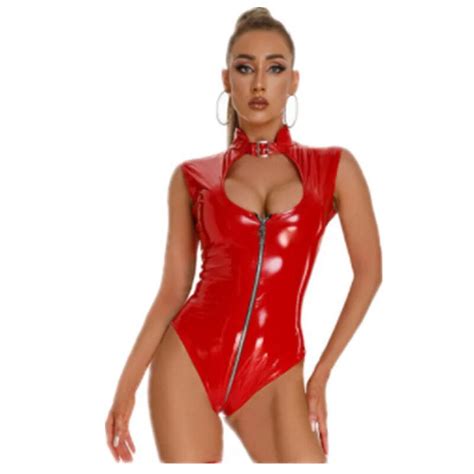 Wet Look PVC Catsuit Shiny PU Leather Sleeveless Bodysuit Tights Hot