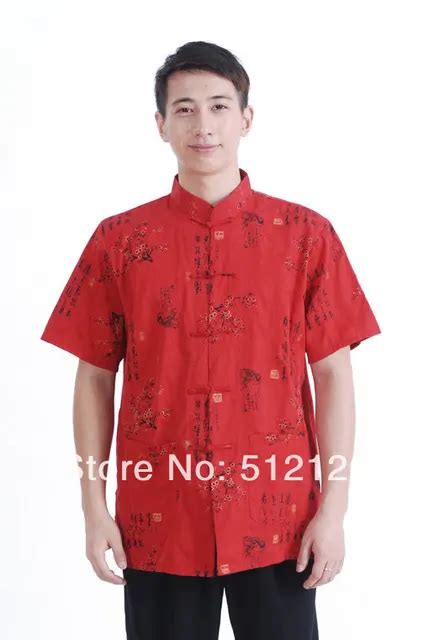 Shanghai Story Mans Cotton Shirt Chinese Traditional Top Male Red