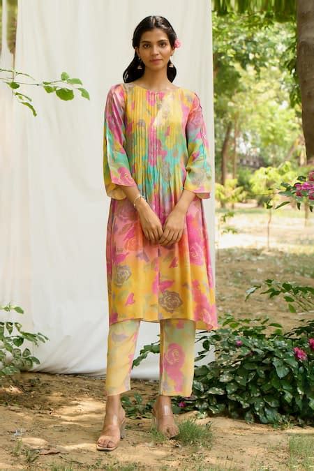 Buy Multi Color Crepe Printed Floral Round Goraiya Kurta And Pant Co