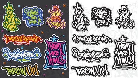 A set of colorful or vibrant graffiti art stickers. Street art theme, urban style for T-shirt ...