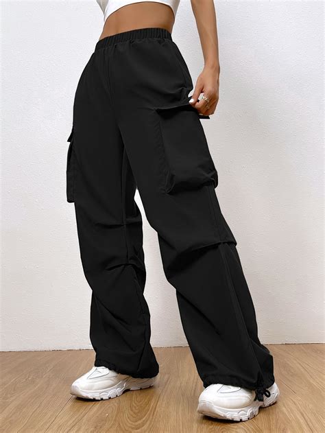 Negro Casual Collar Tela Liso Pantalones Cargo Embellished No El Stico