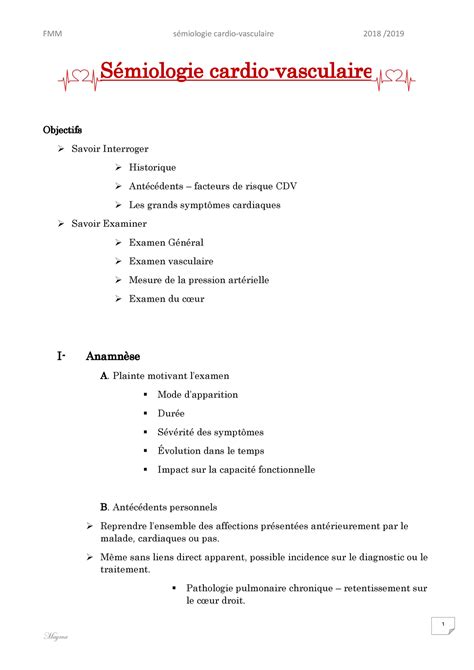 semiologie cardiaque 1 Sémiologie cardio vasculaire Objectifs Savoir