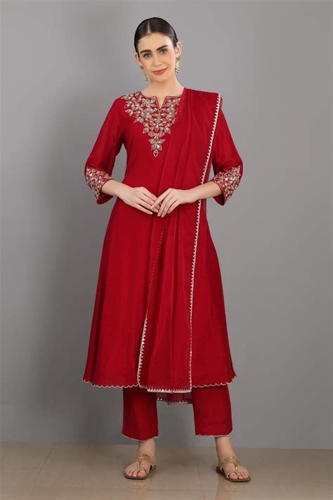 Buy Red Kurta Chanderi Silk Round Set For Women By Asaga Online At Aza