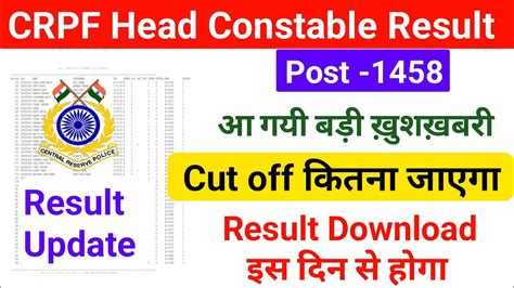 Crpf Head Constable Ministerial Result Date Out Cut Off