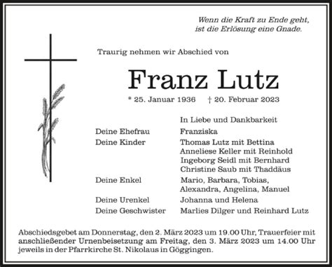 Traueranzeigen Von Franz Lutz Schwaebische De Trauerportal