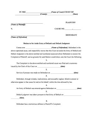 Motion To Set Aside Default Judgment Fill Online Printable Fillable