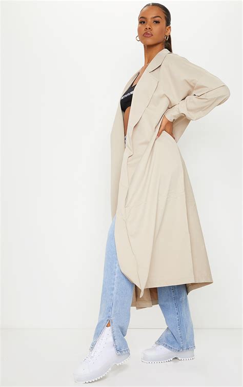 Prettylittlething Stone Contrast Panel Trench Coat Prettylittlething Ie