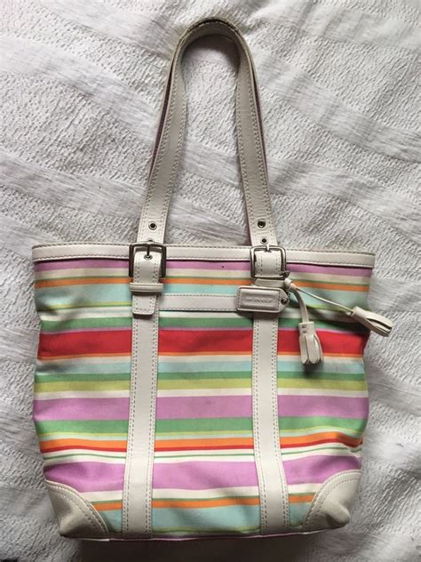 Coach Hampton Watercolor Pastel Striped Canvas Handbag W Leather A