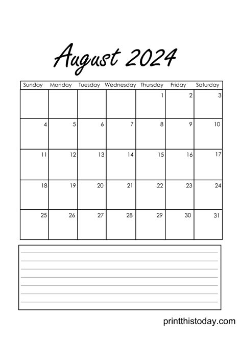 Free Printable August 2024 Monthly Calendar