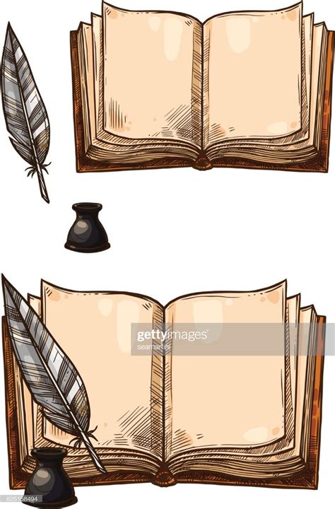 Old Books With Ink Quill Feather Pen And Inkwell Vector Isolated