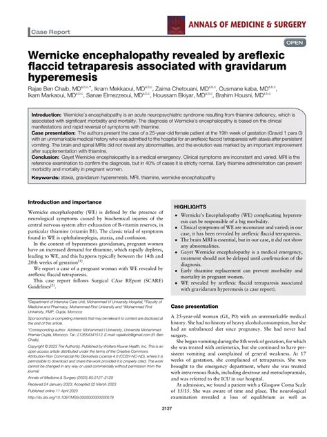 (PDF) Wernicke encephalopathy revealed by areflexic flaccid tetraparesisassociated with ...