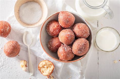Hot And Homemade Mini Doughnuts With Milk And Caster Sugar Stock Image Image Of Food Milk