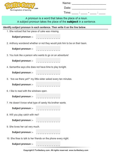 Underline And Write Subject Pronoun In Each Sentence Turtle Diary