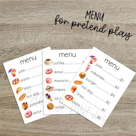 Menu For Kids Pretend Play Printable Digital Download Instant Download