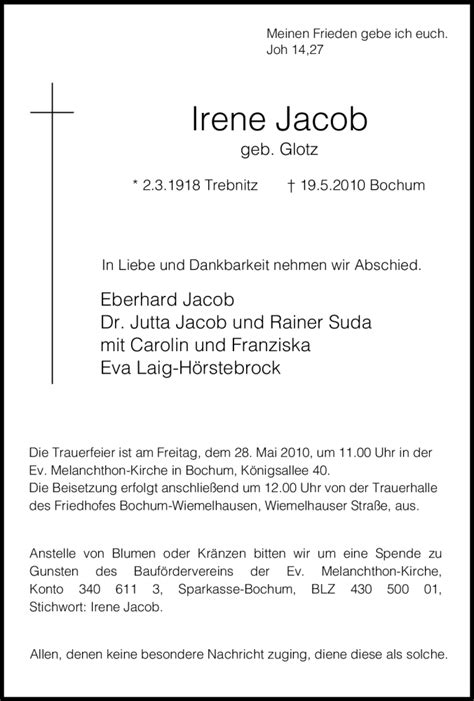 Traueranzeigen Von Irene Jacob Trauer In Nrw De