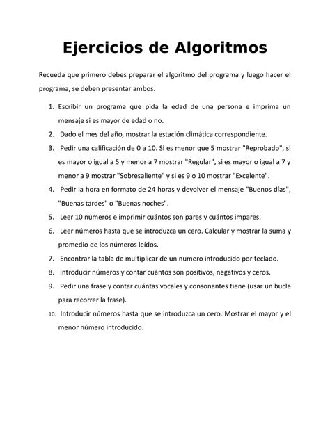 Ejercicios De Algoritmos Semana Ejercicios De Algoritmos Recueda