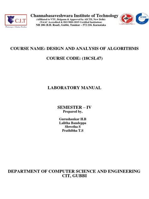 ADA Manual - 18CSL47 | PDF | Computing | Applied Mathematics