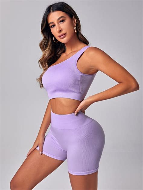 SHEIN Yoga Basic Solid One Shoulder Sports Set SHEIN USA