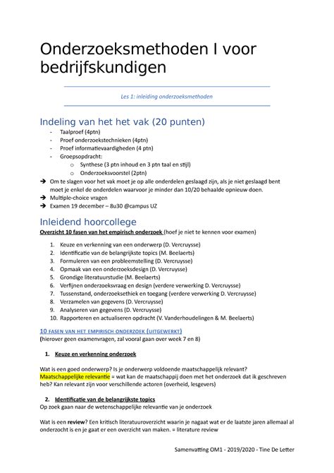 Samenvatting Onderzoeksmethoden 1 Onderzoeksmethoden I Voor