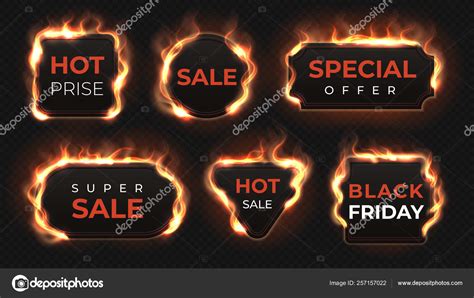 Realistic Fire Labels Hot Deal And Sale Offer Text Banners With Shiny Flame Effect Isolated