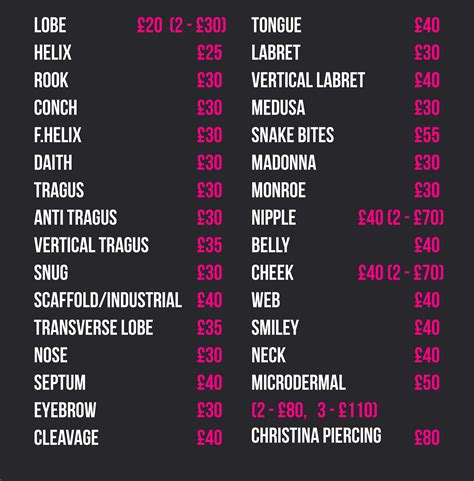 Price List Prophecy Tattoo Studio