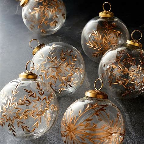 Gold Etched Glass Accent Ornaments with Floral & Snowflake Patterns, Set of 6 | Clear glass ...