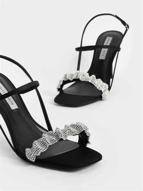 Giày Cao Gót Sandals Gem Embellished Satin Stiletto Black Charles