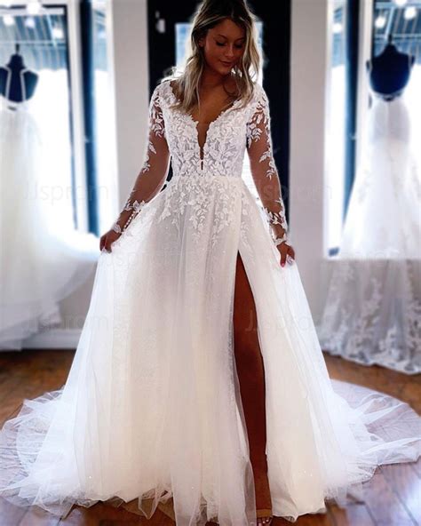 Buy Lace Applique V Neck Tulle White Side Slit Wedding Dress With Long