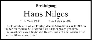 Alle Traueranzeigen F R Hans Nilges Trauer Rp Online De