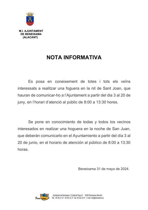 Nota Informativa Hogueras Noche De San Juan P Gina Oficial Del