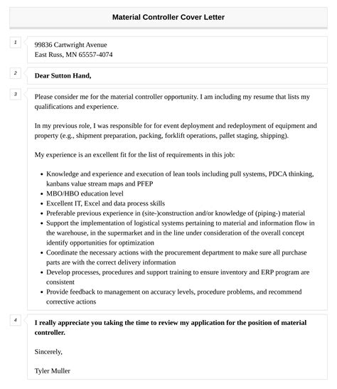 Material Controller Cover Letter Velvet Jobs