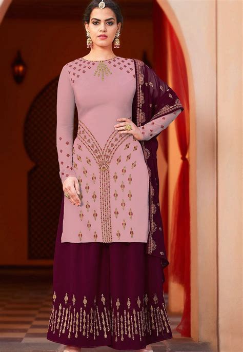 Mauve Wine Georgette Embroidered Palazzo Style Pakistani Suit 4006 Design