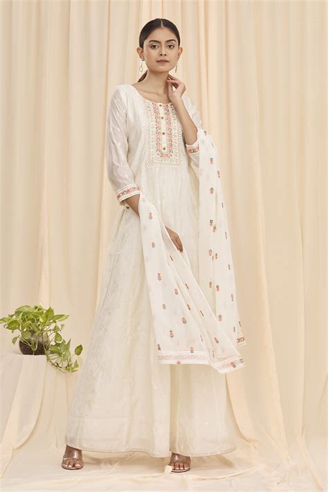 Buy White Anarkali Chanderi Pant Dupatta Georgette Embellished