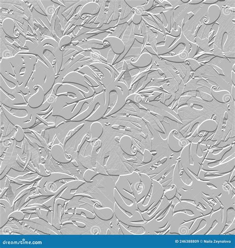 White Textured 3d Floral Seamless Pattern Leafy Embossed Style Vector Background Grunge Rough